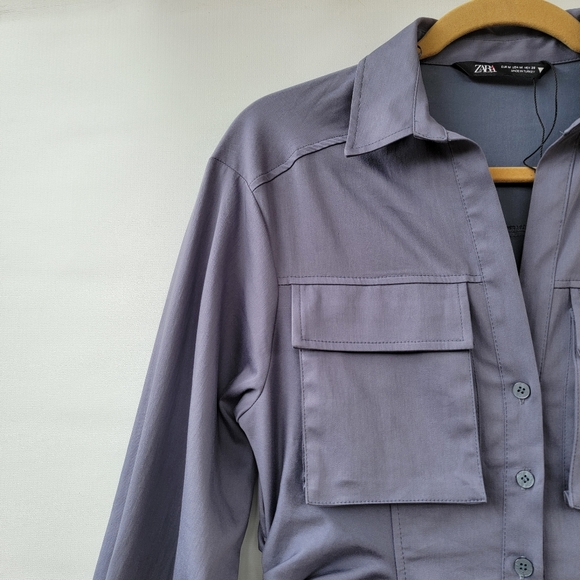 Zara Womens Medium Utilitarian Minimalist Gray Long Sleeve Midi Long Shirt Dress - Picture 9 of 16